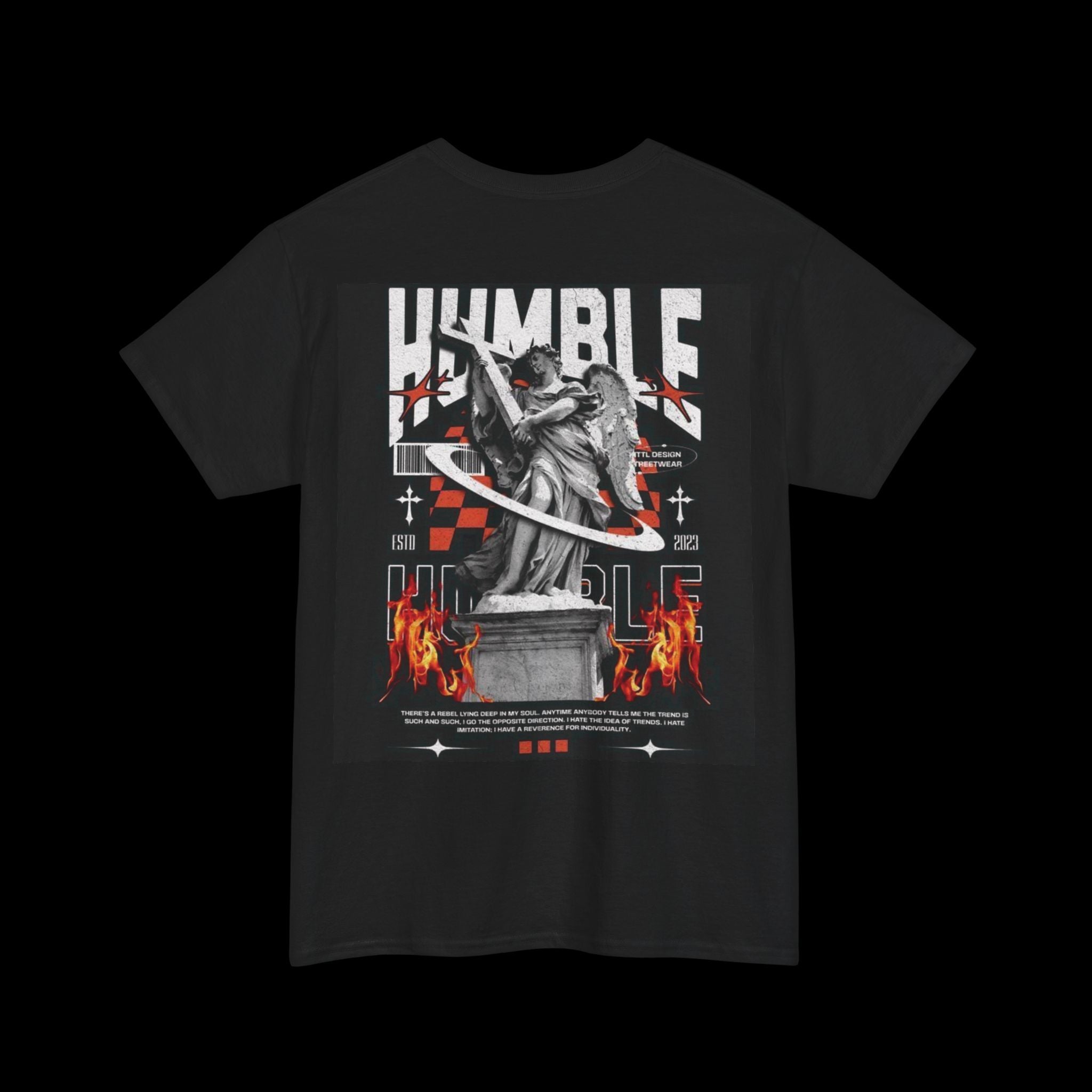 Humble Icon Statue Graphic Tee — Retro Flames & Checkerback Streetwear